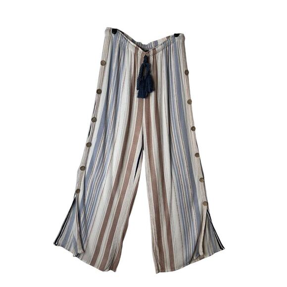 Love University Pants Size Large Striped Boho Coastal Wide Leg Slit Side Buttons - Picture 2 of 12